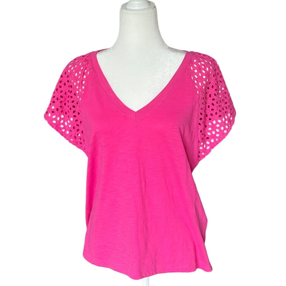 Jane + Delancey Hot Pink Eyelet Ruffle V-Neck Top Women's Size S Barbie Preppy